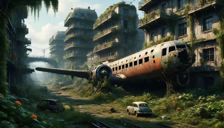 "create a 3d animation of an abandoned metropolis (2022) in the style of jakub rozalski
* rusty airplane, overgrown with moss, s...