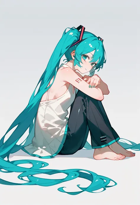 1girl, hatsune miku, sitting, looking a viewer, from side, showing her feet