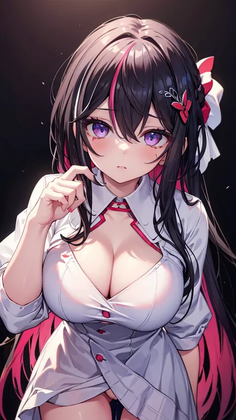 (best quality:1.2), (ultra detailed:1.2),(masterpiece:1.2),(8k:1.2),(Blessed,Captivating body、Ultra detailed hands、Ultra-detailed eyes、Ultra-detailed skin、ultra-detailed face,Detailed Background),One Girl、((white dress shirt, naked shirt,cleavage ,open shi...