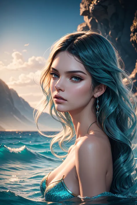 portrait Kendall Jenner, wearing mermaid costume, against the background of the ocean, character portrait, 3 9 9 0 s, wavy hair, intricate, elegant, highly detailed, digital painting, artstation, concept art, smooth, sharp focus, illustration, art by wlop,...