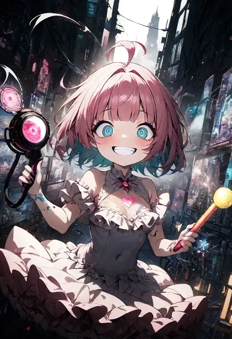 floating cute magical girl, yandere, amorous and lewd face, crazy smile, scary smile, evil smile, teasing smile, grin, lewd smile, malicious smile, creepy smile, big droopy eyes, huge mouth, make-up, pink messy wavy short hair, ahoge, blunt bangs, covered ...