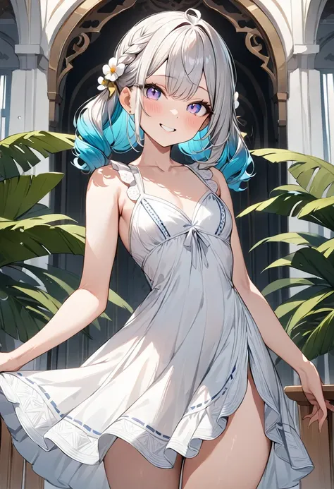 (masterpiece, top quality, very aesthetic, 4k、illustration), intricate detail, 1woman,、solo,contrapposto 、,(cowboy shot)、(),Cute、、、smile、Random Hairstyle、Random Hair Color、,middle hair,sidelock ,Random Color　eyes、Summer Dresses、small breasts、Slim 、