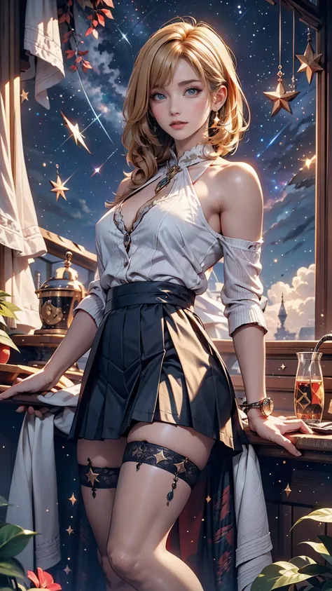 Attention to detail, Super Detail, Ultra-high resolution, A girl having a good time in a dream galaxy, Surrounded by stars, The warm light that shines on her, The background is a starry sky with colorful galaxies and galactic clouds, The stars fly around h...