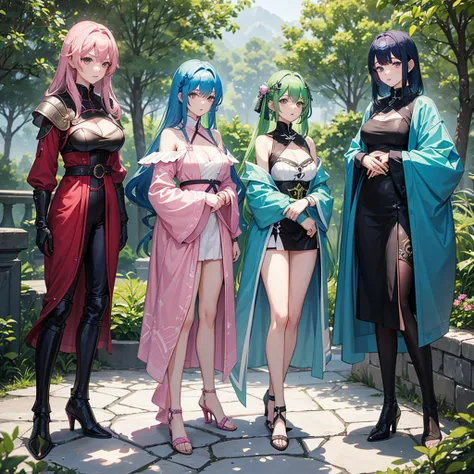 3 women、Three Sisters、Eldest daughter, green hair, long hair, ladylike, big breasts、Second daughter, blue hair, medium hair, strong sense of responsibility, normal chest、Third daughter: Pink hair, short hair, boyish, small breasts、leather armor、