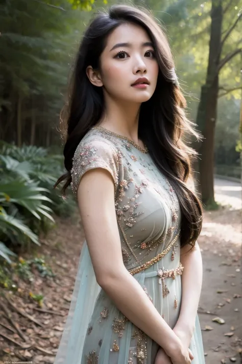 ((RAW,35mm)),((Masterpiece)),Ultra Realistic full frame half bare body photo, forest peril fallen out-cold paralyzed helpless on ground,beautiful brunette long wavy hair asian princess(oblong face,slim,height 180cm,34-24-34 body ratio,natural round chest),...