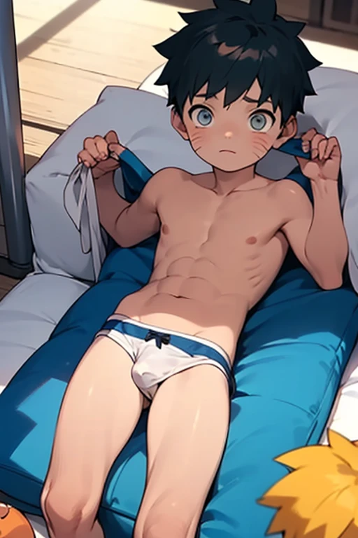 ((best quality)), ((masterpiece)), (detailed), Naruto,5 year old boy,Two boys,little boy,Shota,Thin and sexy,shirtless,lying down,binding,shy,lift underwear,open thighs,The legs are tied