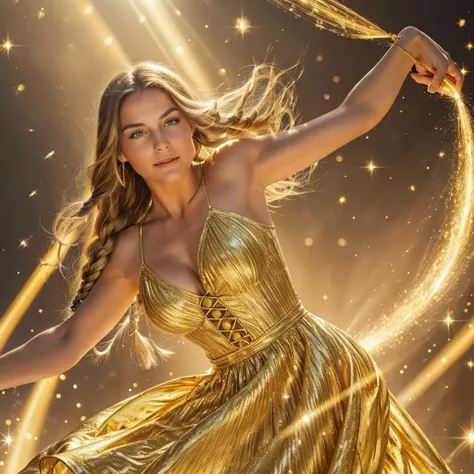 Superb masterpiece, upper body, (adult: 1.6) Hungarian woman, (giggle: 0.4), arms behind the head, golden braids, sparkling eyes, Victorian sun dress, floating light particles, centered, added facial detail