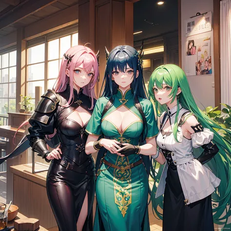 3 women、Three Sisters、Eldest daughter, green hair, long hair, ladylike, big breasts、Second daughter, blue hair, medium hair, strong sense of responsibility, normal chest、Third daughter: Pink hair, short hair, boyish, small breasts、leather armor、