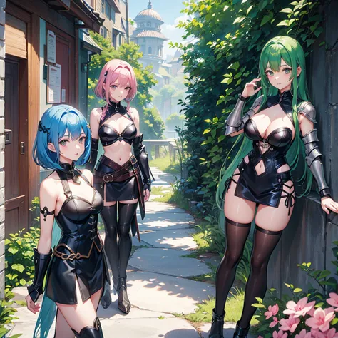 3 women、Three Sisters、Eldest daughter, green hair, long hair, ladylike, big breasts、Second daughter, blue hair, medium hair, strong sense of responsibility, normal chest、Third daughter: Pink hair, short hair, boyish, small breasts、leather armor、