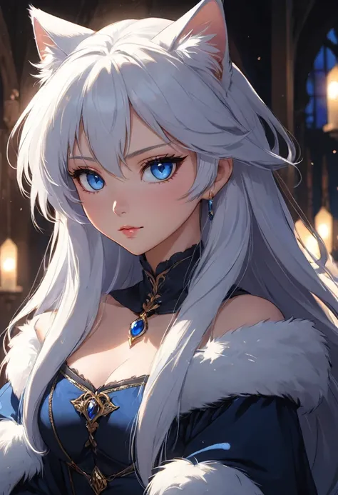  90s anime, velues, white fur, feline,  blue eyesultra cute face,  provocative look, black medieval clothing, long  hair, beautiful lights and shadows, ambient light, ultra detailed skin, Volumetric Light  
