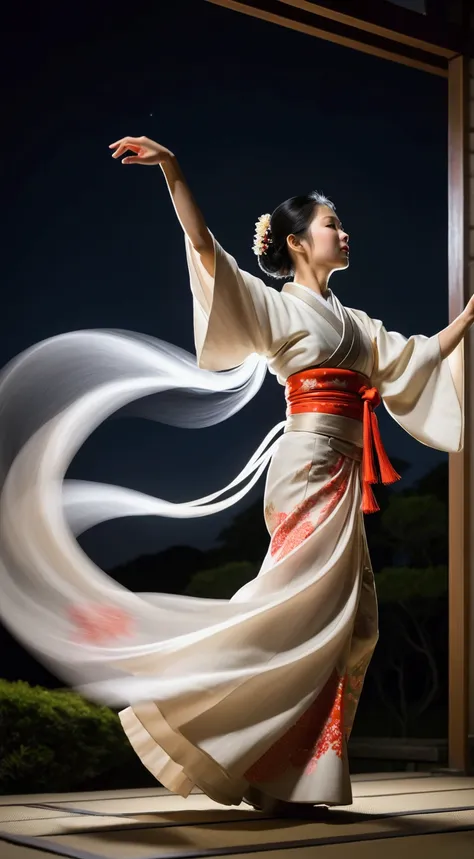 long exposure photo of a {woman in Japanesse traditional outfit dancing in the moon light}in motion, lower angle shot++, ground side view, blurred edges, slow shutter speed motion photography, shot on FufjiFilm XT4 camera f/2. ISO 200, long ribbon shawl fl...