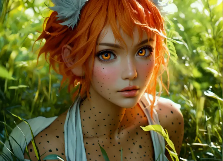 Fuu (Naruto Shippuden), white clothes, green hair, orange eyes, sexy skinny body, in grass, very short skirt, very short top, 1girl, intricate details, photorealistic, 8k, high quality, beautiful detailed eyes, beautiful detailed lips, extremely detailed e...