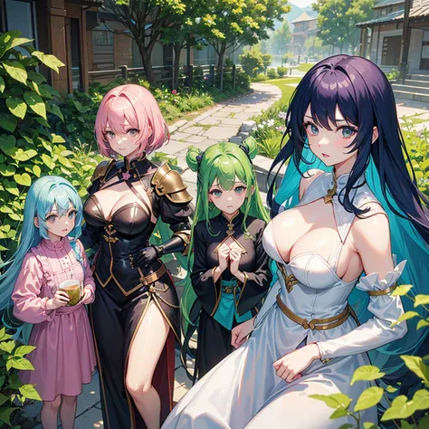 3 women、Three Sisters、Eldest daughter, green hair, long hair, ladylike, big breasts、Second daughter, blue hair, medium hair, strong sense of responsibility, normal chest、Third daughter: Pink hair, short hair, boyish, small breasts、leather armor、