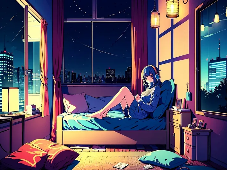 A detailed anime girl, wearing a large sweater, wearing headband headphones, lofi, tranquil, quiet vibes, chilling, in her bedroom looking at the window, night, quiet night, cat, masterpiece, best quality