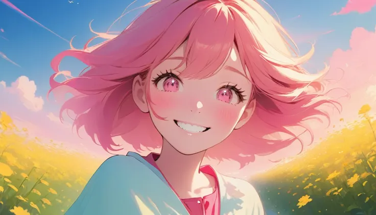 A lovely girl，Pink face，Smile，Watch the sky，Fresh color matching