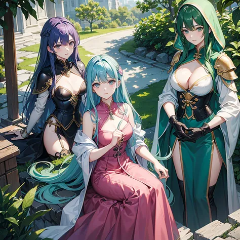 3 women、Three Sisters、Eldest daughter, green hair, long hair, ladylike, big breasts、Second daughter, blue hair, medium hair, strong sense of responsibility, normal chest、Third daughter: Pink hair, short hair, boyish, small breasts、leather armor、