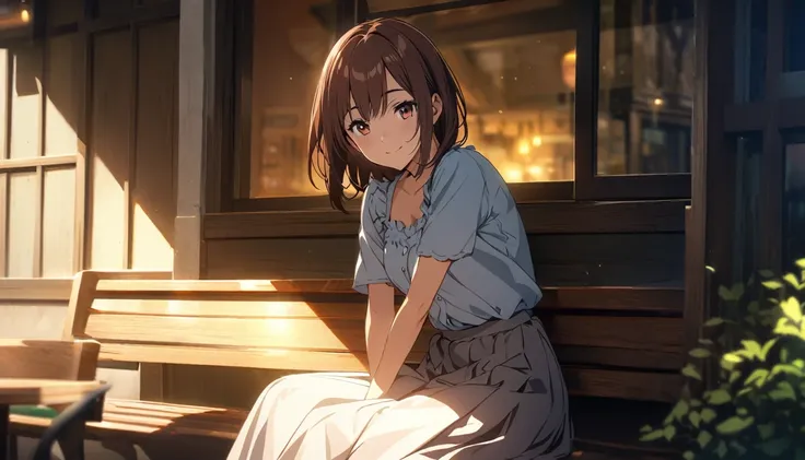 Highly detailed CG Unity 8k wallpaper), Outdoor Cafe，Beautiful young woman in sunny weather, Smiling,skirt, sit, full_body, dramatic, バックLight, Light, Volumetric Lighting, Delicate face, Simple Background、Looking out the window、Lost in Thought、Remembering ...