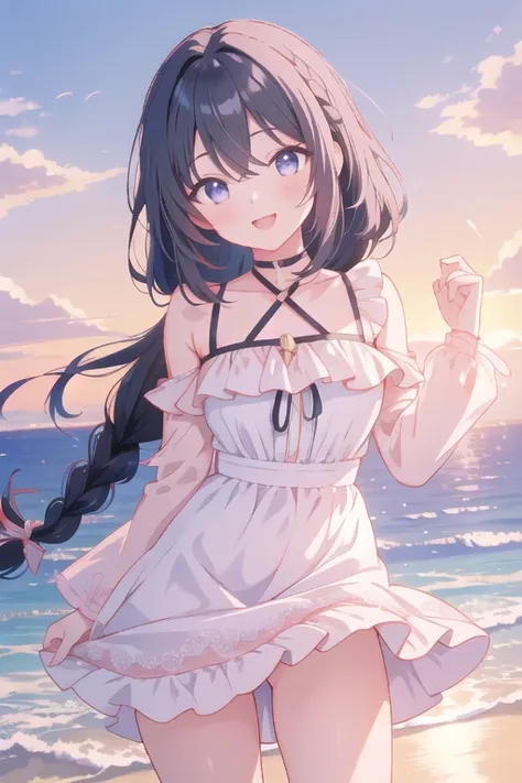 Anime Style, In the sky, Across the sea, Open both eyes, Girl with braided black hair、In the sunset, smile, masterpiece, 4K, Detailed face, Good anatomy, highlight,White dress