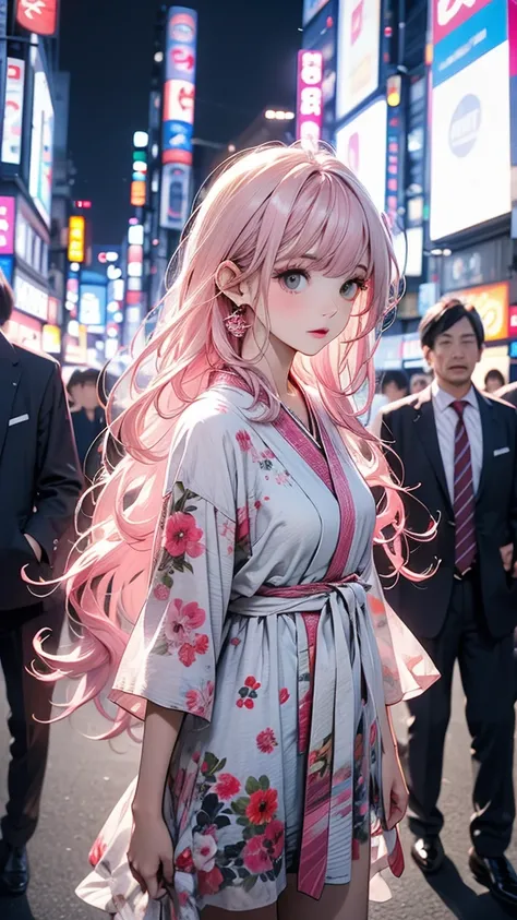 Tokyo, Kabukicho, Long hair blowing in the wind, Pink Hair, High resolution, dress