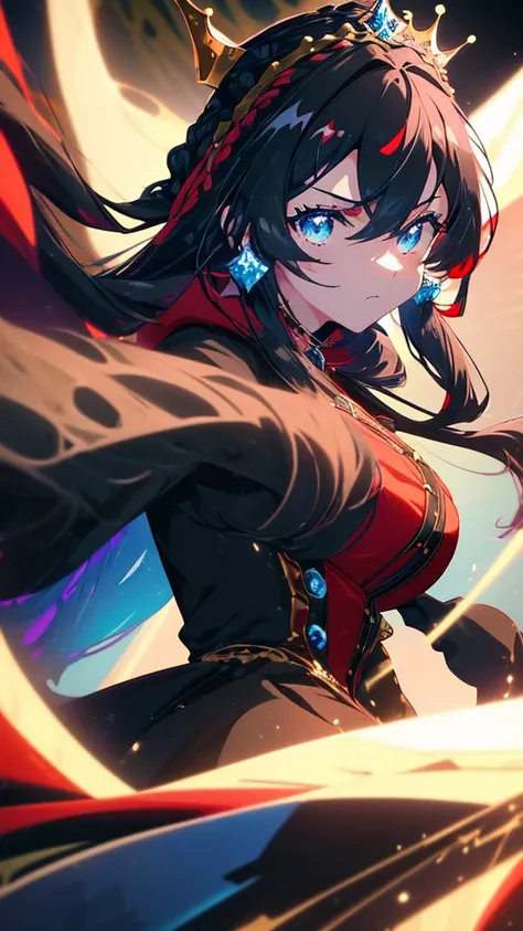 best quality, extremely detailed,anime style 1girl,long hair down to the waist, straight hair, ((((dark black hair with bluish)))),((crown braid)),ponybun,beautiful detailed eyes, pinched eyes, (dark blue eyes),((huge breasts)),curvy,((((red main gorgeous ...