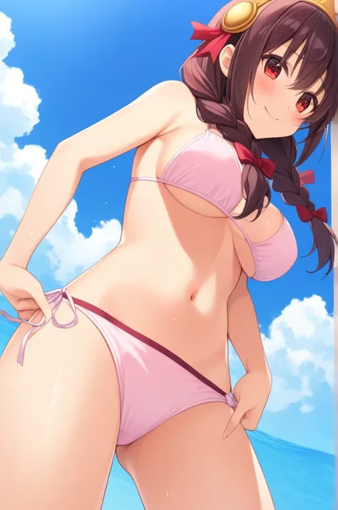 alone, One girl, Yunyun、blush , Crown braids of the same color as your hair, Red Eyes、hair ornaments, Hair Ribbon, (White and pink bikini)、Poolside、Standing、So wet、smile、View from below、Look Back