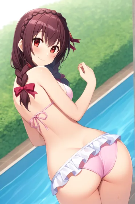 alone, One girl, Yunyun、blush , Crown braids of the same color as your hair, Red Eyes、hair ornaments, Hair Ribbon, (White and pink bikini)、Poolside、Standing、So wet、smile、View from below、Look Back