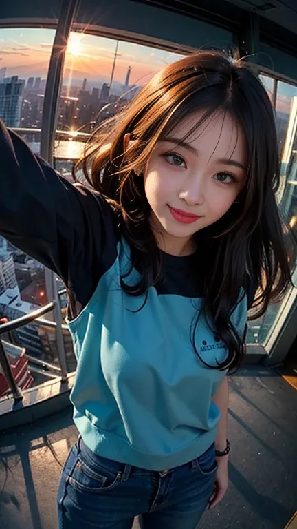 One girl, Korean, Fisheye Lens, Selfie, Wind, Messy Hair, sunset, Cityscape, (Aesthetics and atmosphere:1.2),smile