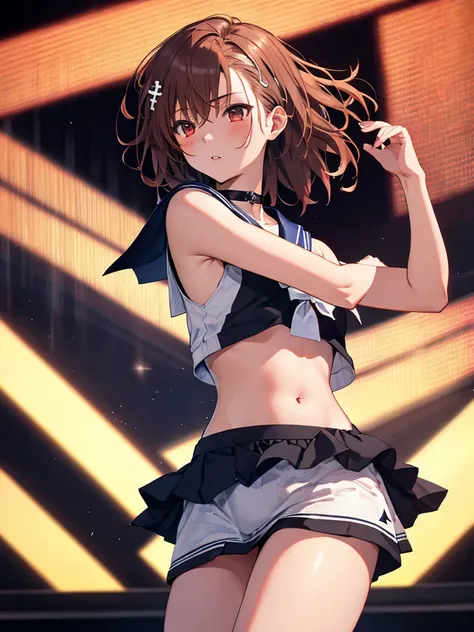 Low Angle Shot, Sailor suit:1.5, (Dancer:1.5), Misaka Mikoto, One girl, Black choker, 超High resolution, retina, masterpiece, Accurate, Anatomically correct, Textured skin, Super Detail, Attention to detail, high quality, 最high quality, High resolution, 4K