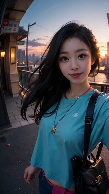 One girl, Korean, Fisheye Lens, Selfie, Wind, Messy Hair, sunset, Cityscape, (Aesthetics and atmosphere:1.2),smile