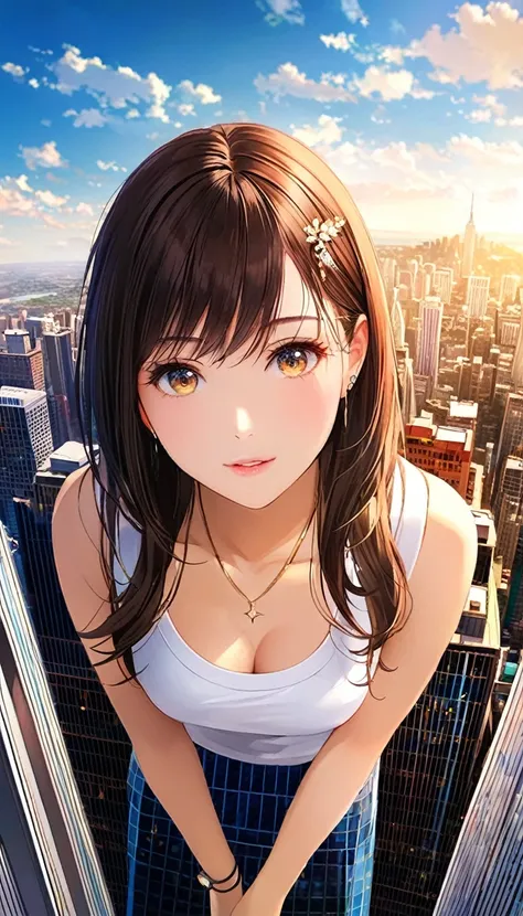 1girl,solo,portrait display,,looking below,city,sky,giantess,building,