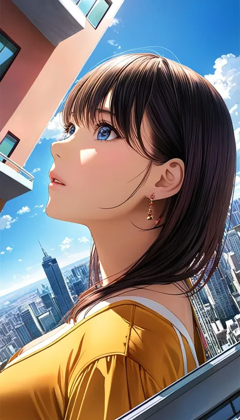 1girl,solo,portrait display,,looking below,city,sky,giantess,building,