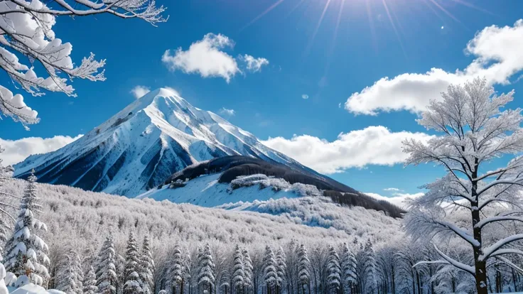 anime mountain with snow and tree on the height the view of the mountain should be perfect with clouds too