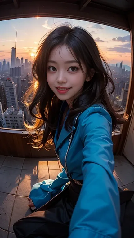 One girl, Korean, Fisheye Lens, Selfie, Wind, Messy Hair, sunset, Cityscape, (Aesthetics and atmosphere:1.2),smile