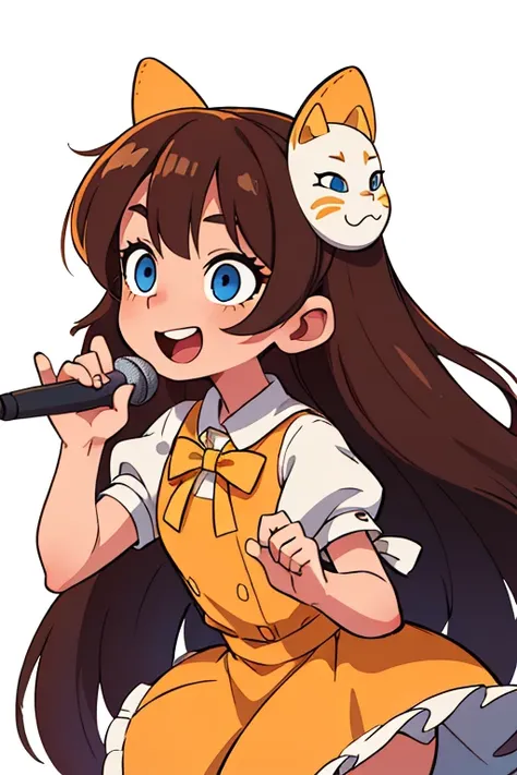 (masterpiece:1.0),(best_quality:1.0),ultra high res,absurdres,ultra-detailed,white plain background, no background, brown hair, straight long hair, kitsune mask, yellow lolita dress, blue eyes, singing, solo girl, with a mic in hand, happy, excited, singin...