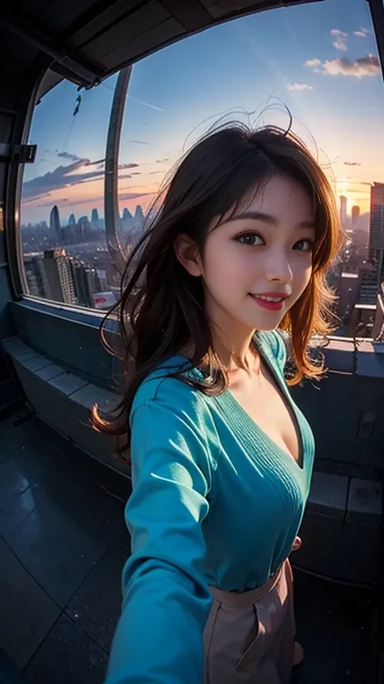 One girl, Korean, Fisheye Lens, Selfie, Wind, Messy Hair, sunset, Cityscape, (Aesthetics and atmosphere:1.2),smile