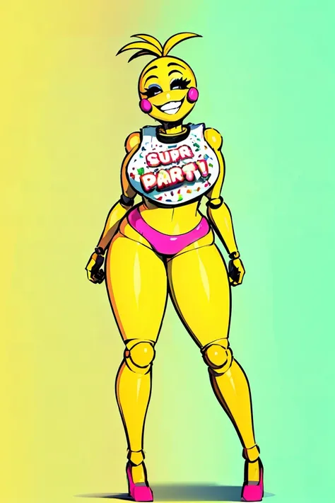 Super huge big breasts breast enlargement blush shy shut up smile full-body shot Fnaf Chica sexy robot yellow skin bib