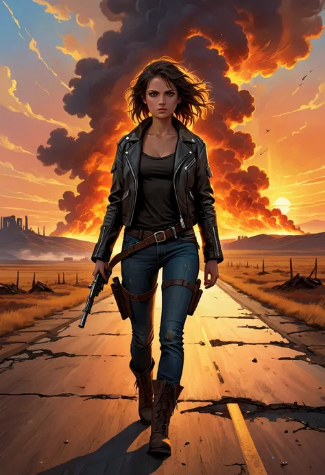 Imagine a girl in a leather jacket, tight jeans and combat boots, walking along a deserted road with a burning horizon at sunset, action, in the style of George Miller, post-apocalyptic, rugged.