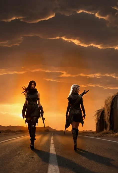 Imagine two girls in apocalyptic clothing and weapons walking down the street. 