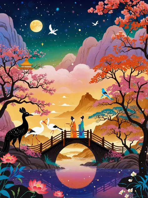 (((8k，Bright colors，Bright，Ultra high saturation，rgb, Colorful))), Chinese style，There are two people on the poster，Cowherd and Weaver Girl standing on an elegant bridge，The background is dreamy pink and purple，White magpies circling around them in the nig...