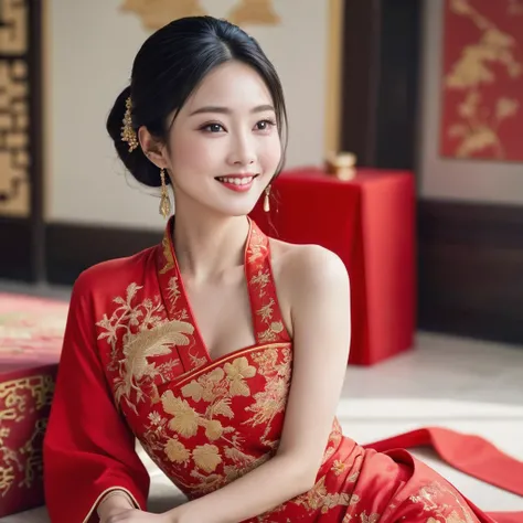 ((Highest quality)), ((masterpiece)), (detailed), （Perfect Face）、The woman is Satomi Ishihara, with her medium-long hair tied up in a bun, wearing a gorgeous red Chinese dress with gold embroidery and trim, a long slit that shows off her thighs, and is dre...