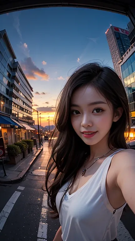 One girl, Korean, Fisheye Lens, Selfie, Wind, Messy Hair, sunset, Cityscape, (Aesthetics and atmosphere:1.2),smile