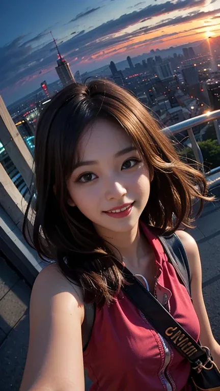 One girl, Korean, Fisheye Lens, Selfie, Wind, Messy Hair, sunset, Cityscape, (Aesthetics and atmosphere:1.2),smile