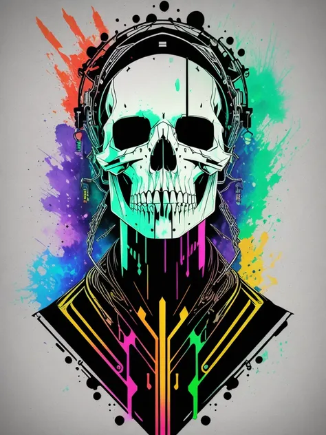 (a portrait of Cyberpunk Skull with colored fluid l:1) , T-shirt logo in conical fine contour style, spelling view, art in (empty background:1.4)Hands,