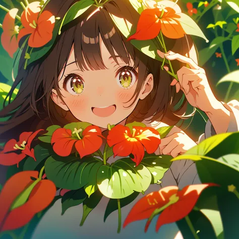 kawaii, anime, Cute, hyper quality, highly detailed, 8k, Clarity, Draw facial expressions in detail, Girl with long dark brown hair and green eyes, anthurium, raise the index fingers of both hands, red anthurium, celebration, smile, raise your index finger...