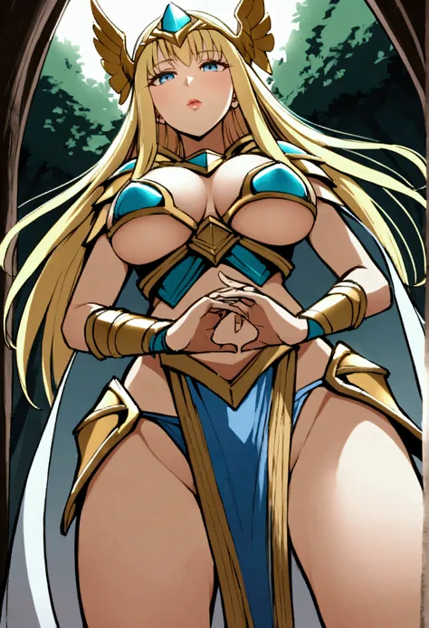 One woman、solo、Large Breasts、vsigurddg、Long Hair、Blonde Hair、blue eyes、lips、Cape、Bridal Gauntlet、Winged Helmet、Bikini Armor、Pelvic Curtain、nature、Remains、forest、Combat Stance、From below、Staring at the audience、