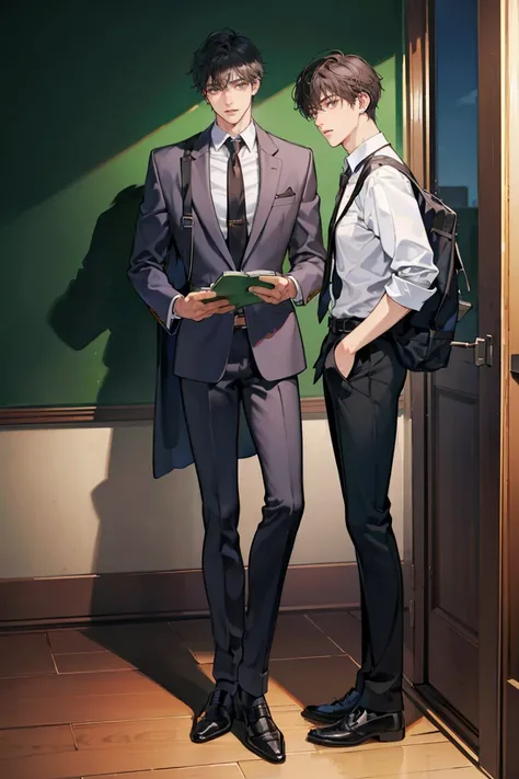 (masterpiece), best quality, seductive eyes, perfect face, handsome man, dark black eyes, messy short length black hair, brown skin, long nose, teacher uniform, black necktie, full body, hes a teacher, extremely tall man, long legs, long calves, anime cove...