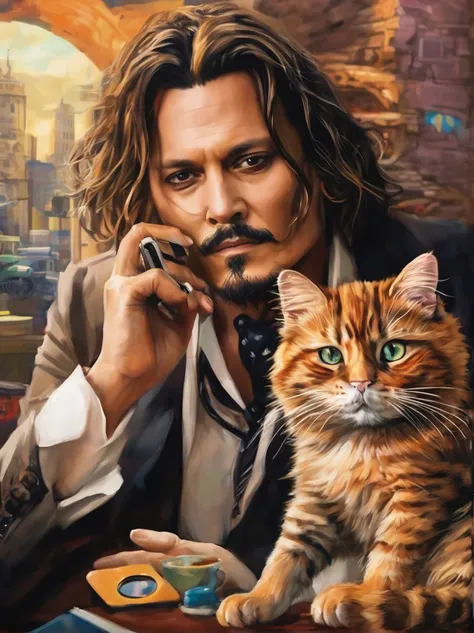 Combine Johnny Depp and the cat into one creature and draw his portrait a phone call in City and City attached in big cat creature