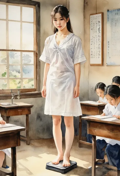 Japanese watercolor painting, 1girl in knee length white chemise, standing on weight scale, in classroom, 