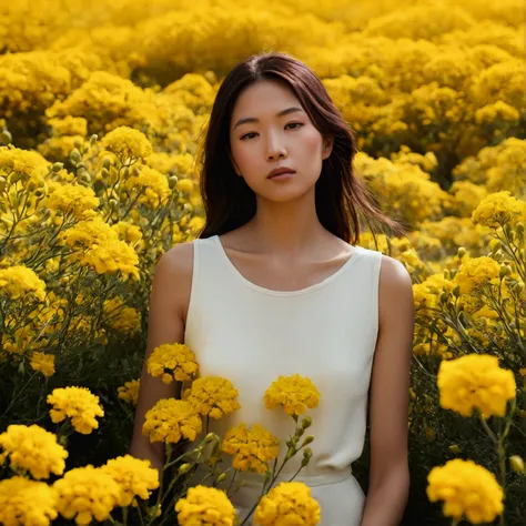 A woman surrounded by yellow flowers, simple, nostalgic