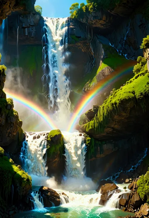 a ((low angle shot: 1.5)), from below of an epic waterfall, there is an epic waterfall coming out of an epic cliff, ((standing really close to the waterfall)) the water coming down in earnest, the water are in many shades of green, blue and the sun is refl...